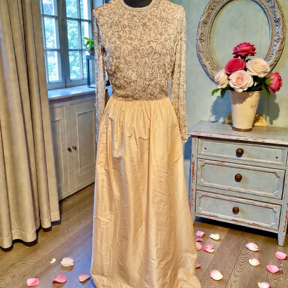 Victoria Royal Ltd Elegant Silk  Cream and Gold Long Sleeve Dress